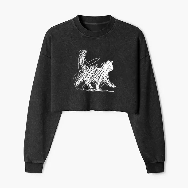 Japanese Minimalist Cat Crop Sweatshirt for Women