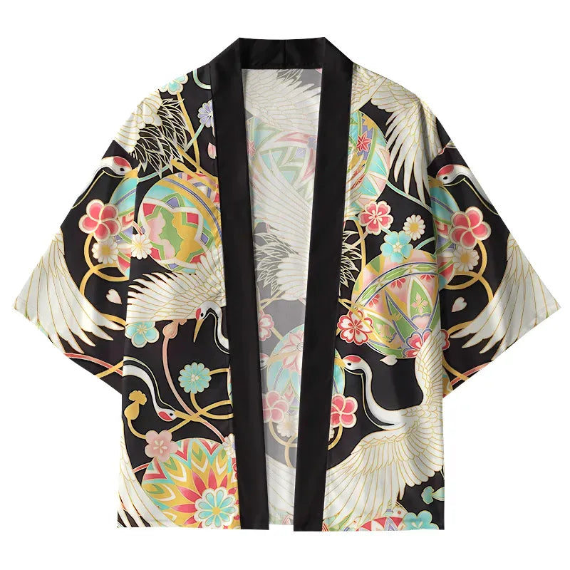 Unisex Haori Cardigan with Crane Print