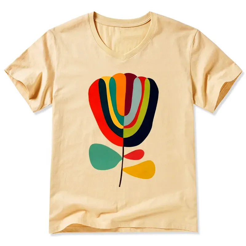 Kyoto-Lion Colorful Flower Minimalist Print V-Neck Classic T-Shirt