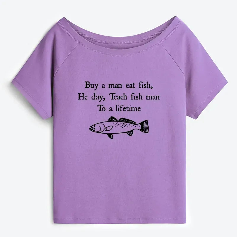 Kyoto-Lion Man Eat Fish Meme Off Shoulder T-Shirt