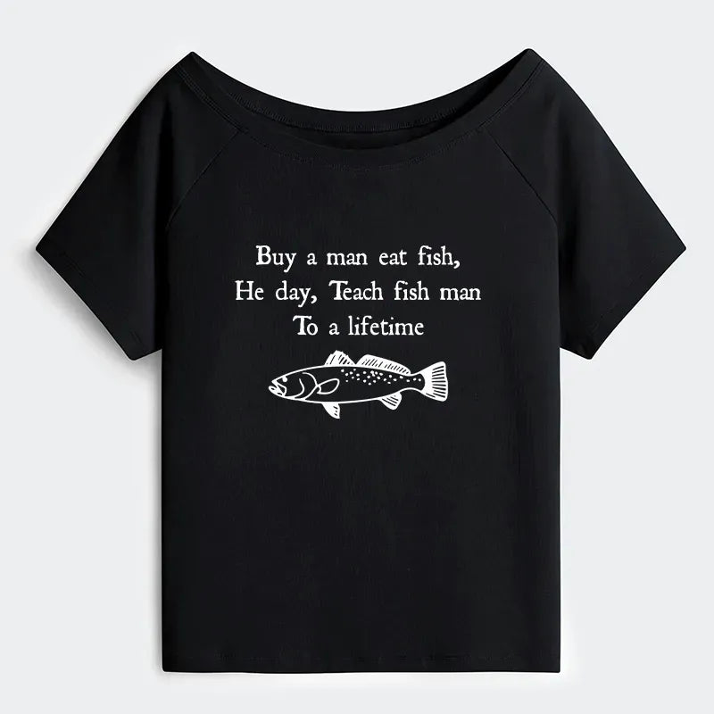 Kyoto-Lion Man Eat Fish Meme Off Shoulder T-Shirt