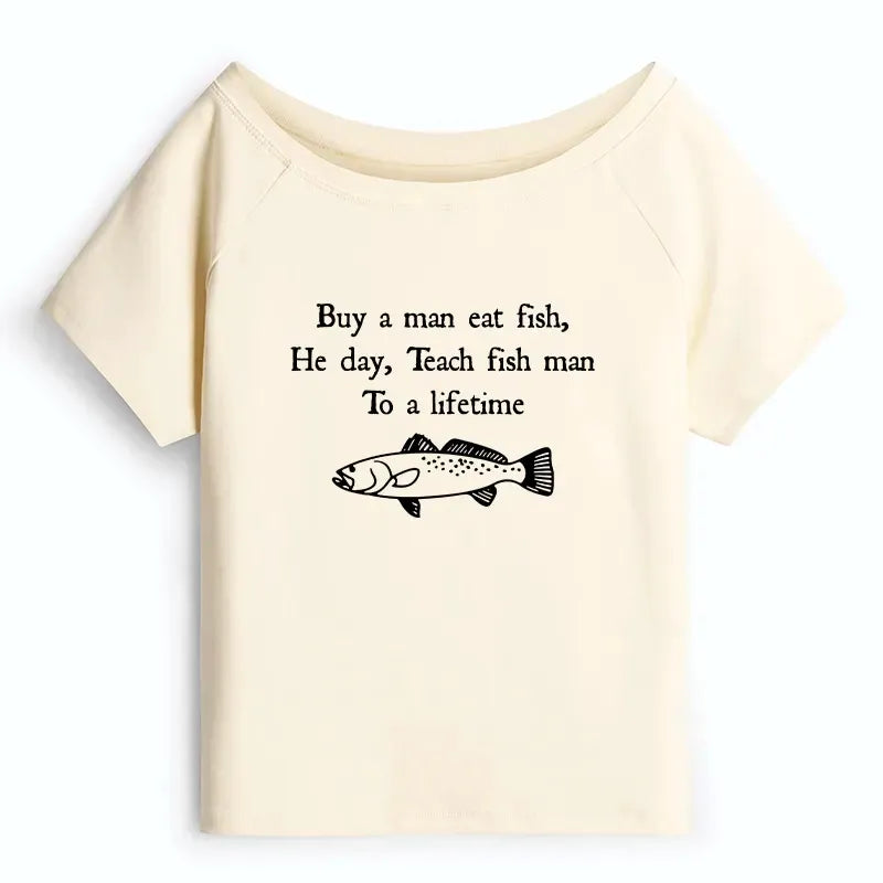 Kyoto-Lion Man Eat Fish Meme Off Shoulder T-Shirt
