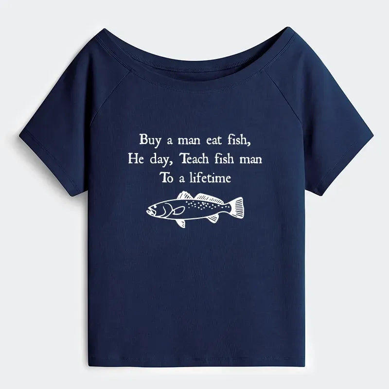 Kyoto-Lion Man Eat Fish Meme Off Shoulder T-Shirt