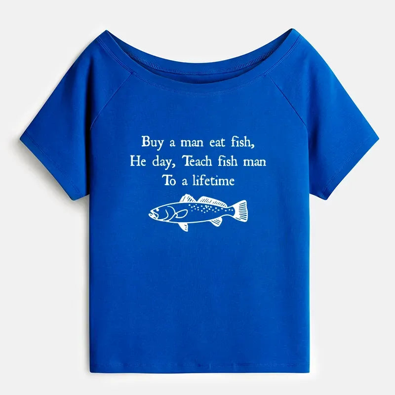 Kyoto-Lion Man Eat Fish Meme Off Shoulder T-Shirt