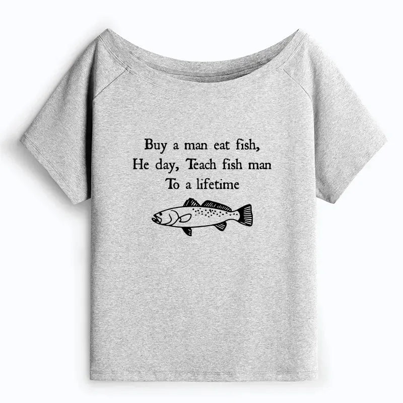 Kyoto-Lion Man Eat Fish Meme Off Shoulder T-Shirt