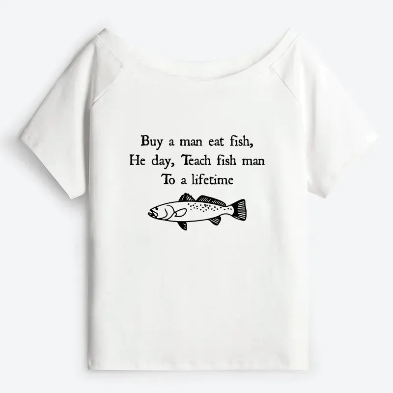 Kyoto-Lion Man Eat Fish Meme Off Shoulder T-Shirt
