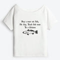 Kyoto-Lion Man Eat Fish Meme Off Shoulder T-Shirt
