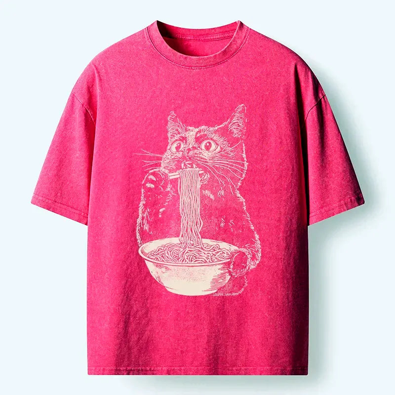 Kyoto-Lion Black Cat Eats A Large Portion Of Ramen Washed T-Shirt