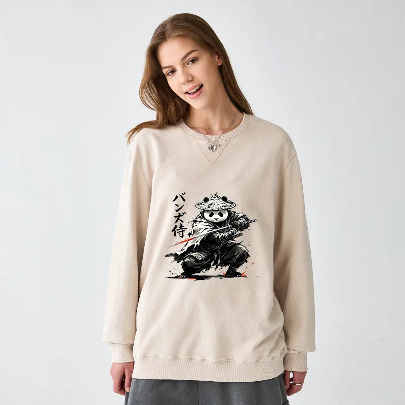 Kyoto-Lion Panda Samurai Warrior Washed Terry Sweatshirt