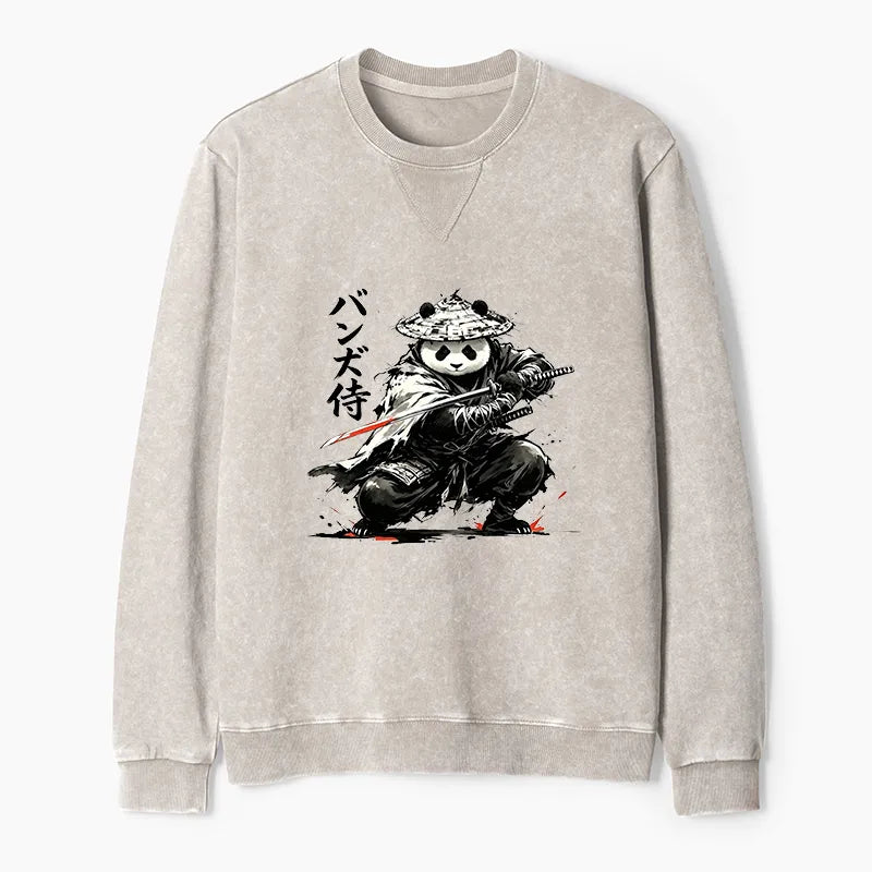 Kyoto-Lion Panda Samurai Warrior Washed Terry Sweatshirt