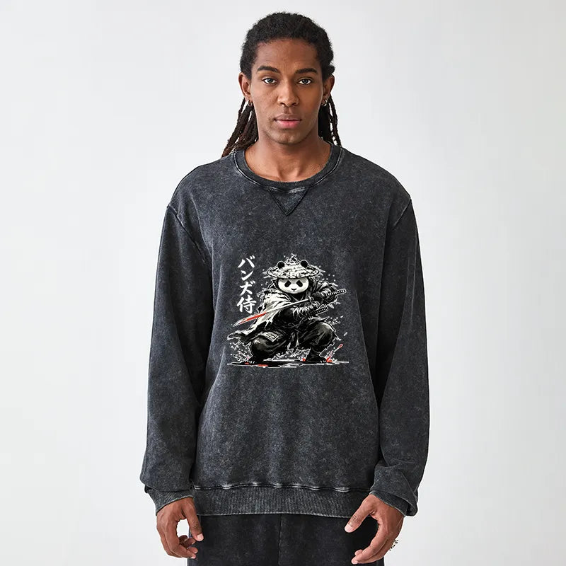 Kyoto-Lion Panda Samurai Warrior Washed Terry Sweatshirt