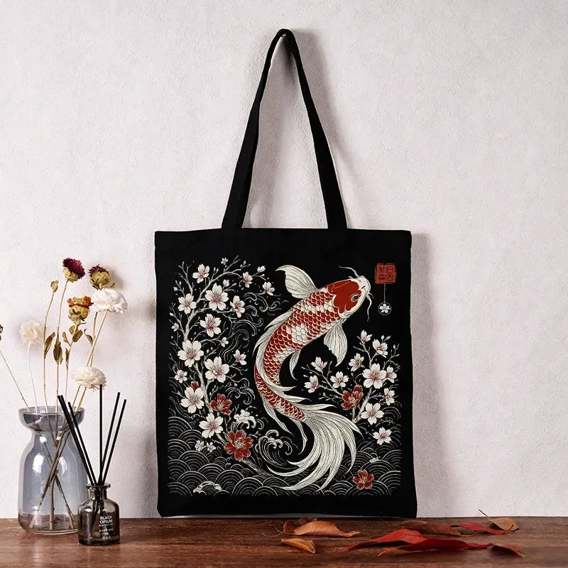 kyoto lion sakura koi canvas tote bag
