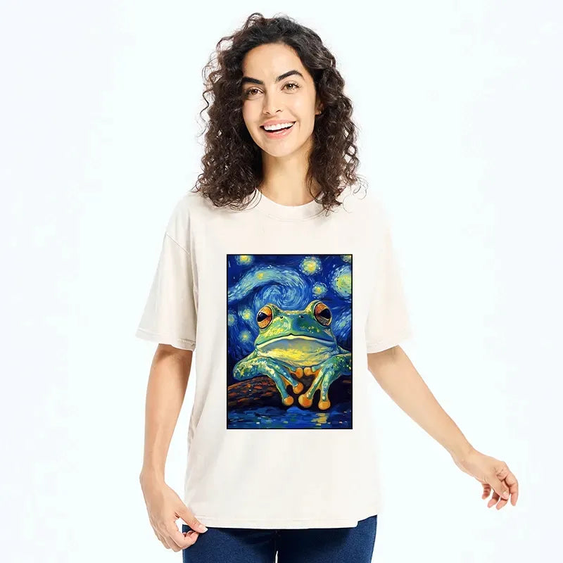 Kyoto-Lion Funny Meme Star Sky Frog Art Print Washed T-Shirt