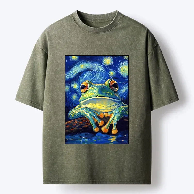 Kyoto-Lion Funny Meme Star Sky Frog Art Print Washed T-Shirt