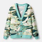 Kyoto-Lion Soaring Cranes Gilded Clouds Ugly Cardigan Sweater