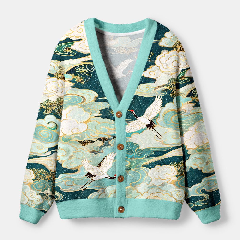 Kyoto-Lion Soaring Cranes Gilded Clouds Ugly Cardigan Sweater