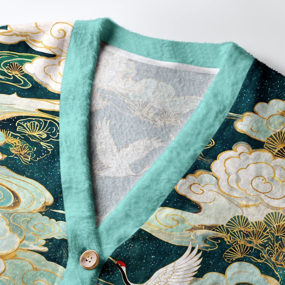 Kyoto-Lion Soaring Cranes Gilded Clouds Ugly Cardigan Sweater
