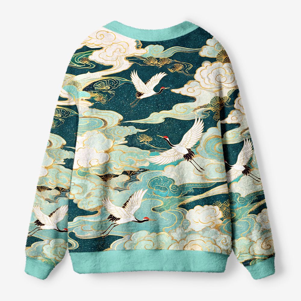 Kyoto-Lion Soaring Cranes Gilded Clouds Ugly Cardigan Sweater