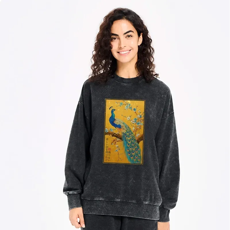Kyoto-Lion The Peacock's Silent Elegance Washed Sweatshirt