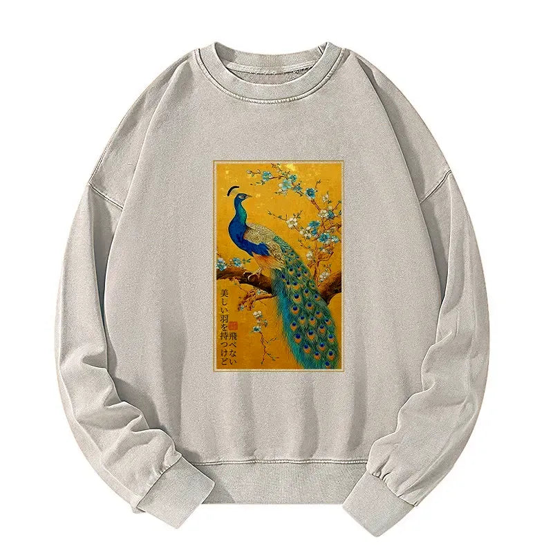 Kyoto-Lion The Peacock's Silent Elegance Washed Sweatshirt