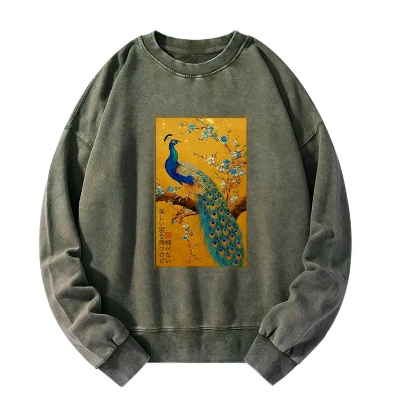 Kyoto-Lion The Peacock's Silent Elegance Washed Sweatshirt