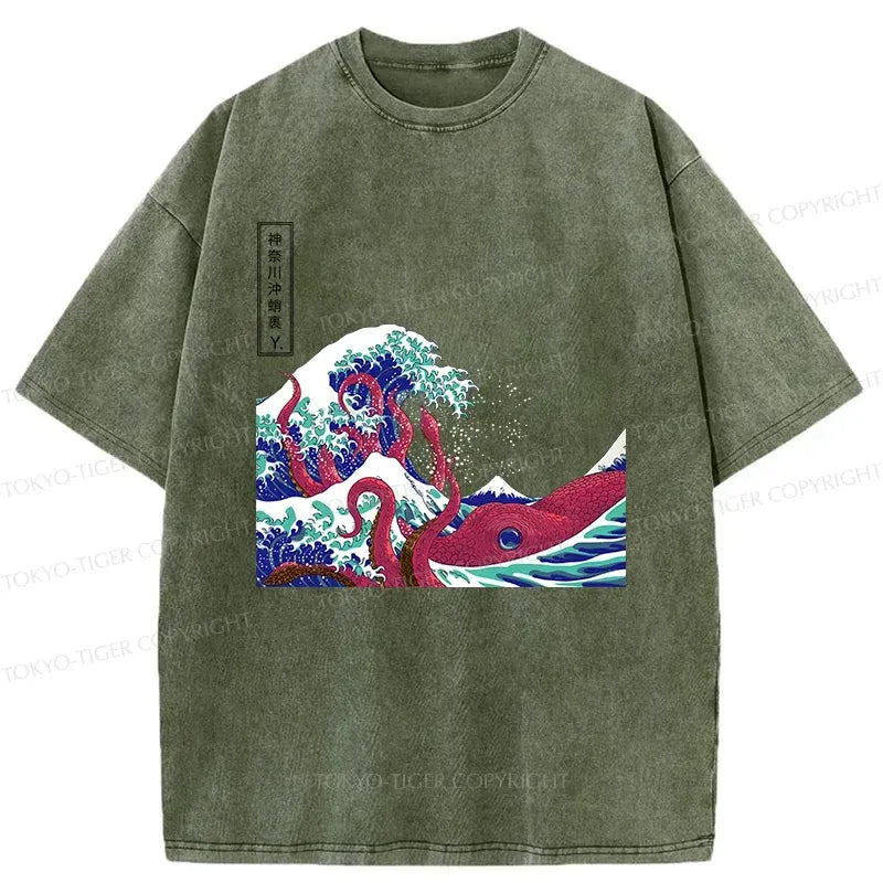 Kyoto-Lion Octopus And Waves Washed T-Shirt