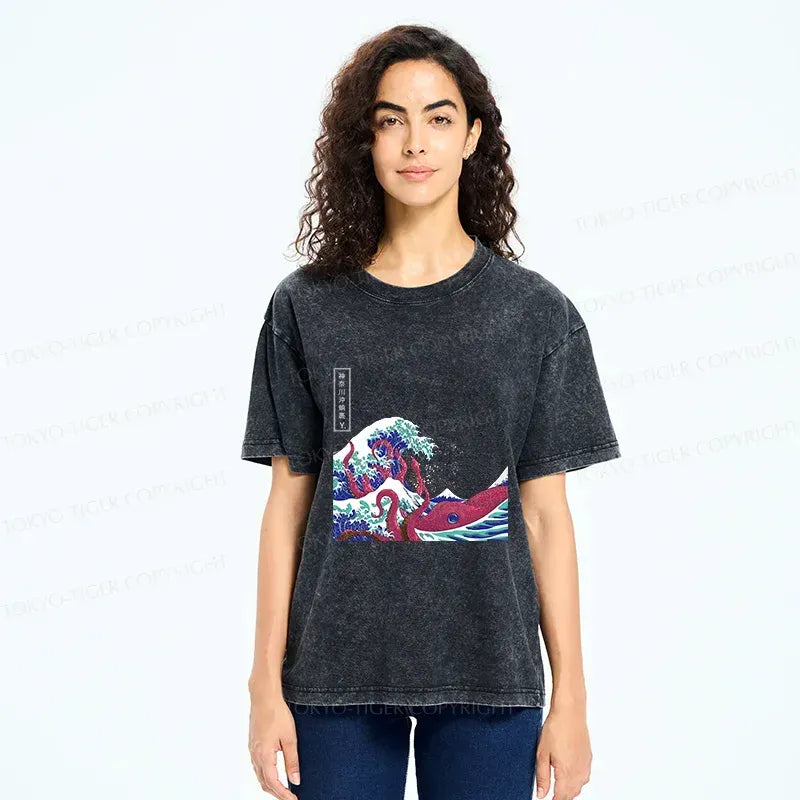 Kyoto-Lion Octopus And Waves Washed T-Shirt