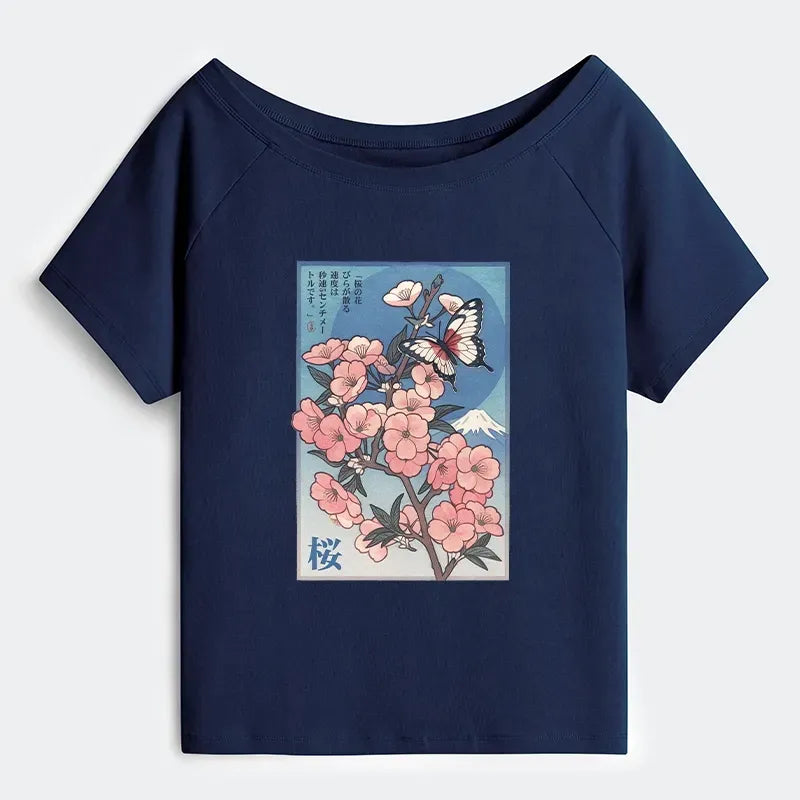 Kyoto-Lion Ukiyoe Japanese Cherry blossoms Poster Off Shoulder T-Shirt