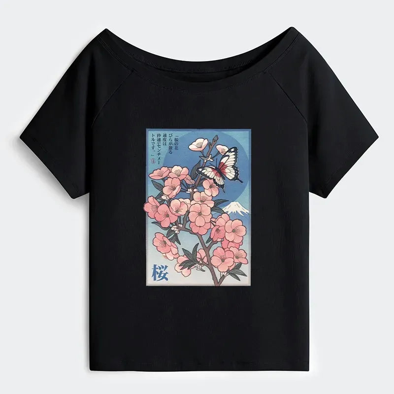 Japanese Cherry Blossom Off Shoulder T-Shirt