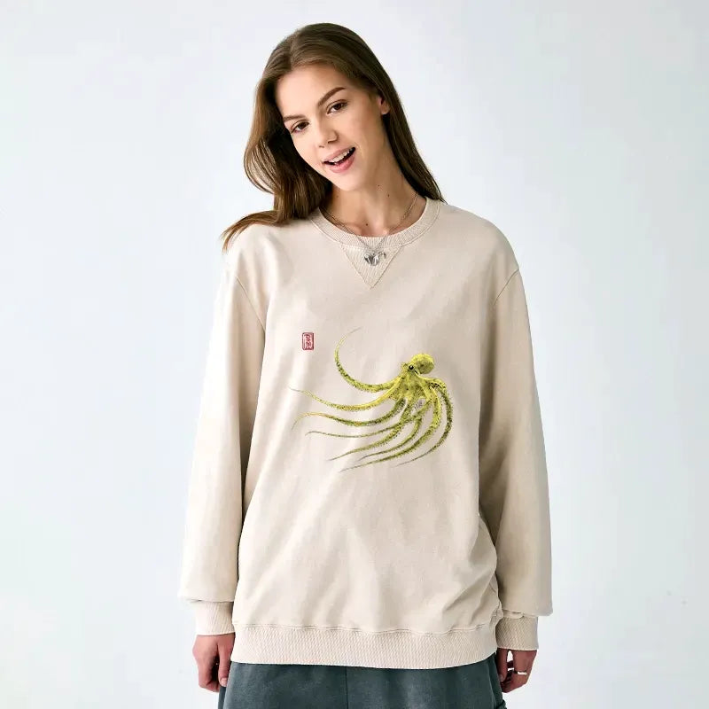 Kyoto-Lion Retro Octopus Japanese Washed Terry Sweatshirt