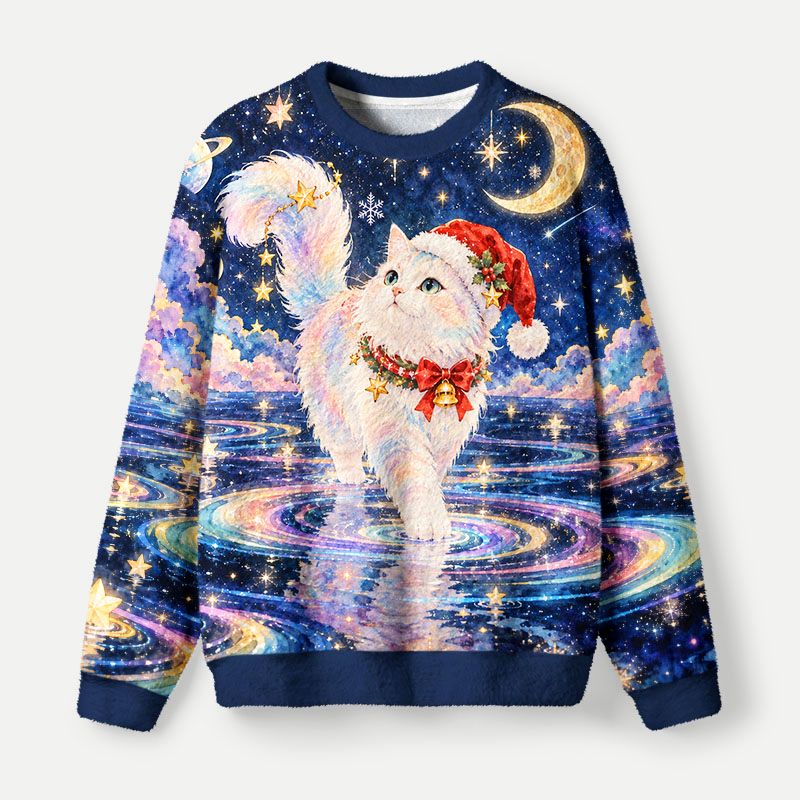 Kyoto-Lion Starry Moon Cat Fuzzy Christmas Ugly Sweatshirt