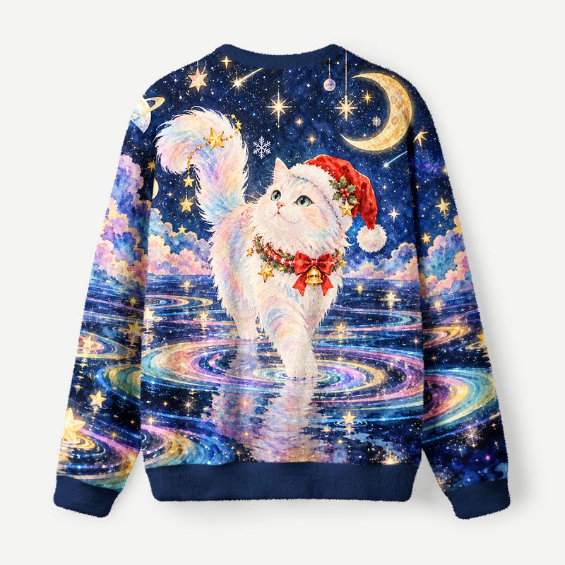 Kyoto-Lion Starry Moon Cat Fuzzy Christmas Ugly Sweatshirt