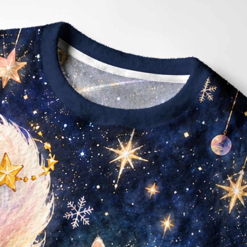 Kyoto-Lion Starry Moon Cat Fuzzy Christmas Ugly Sweatshirt