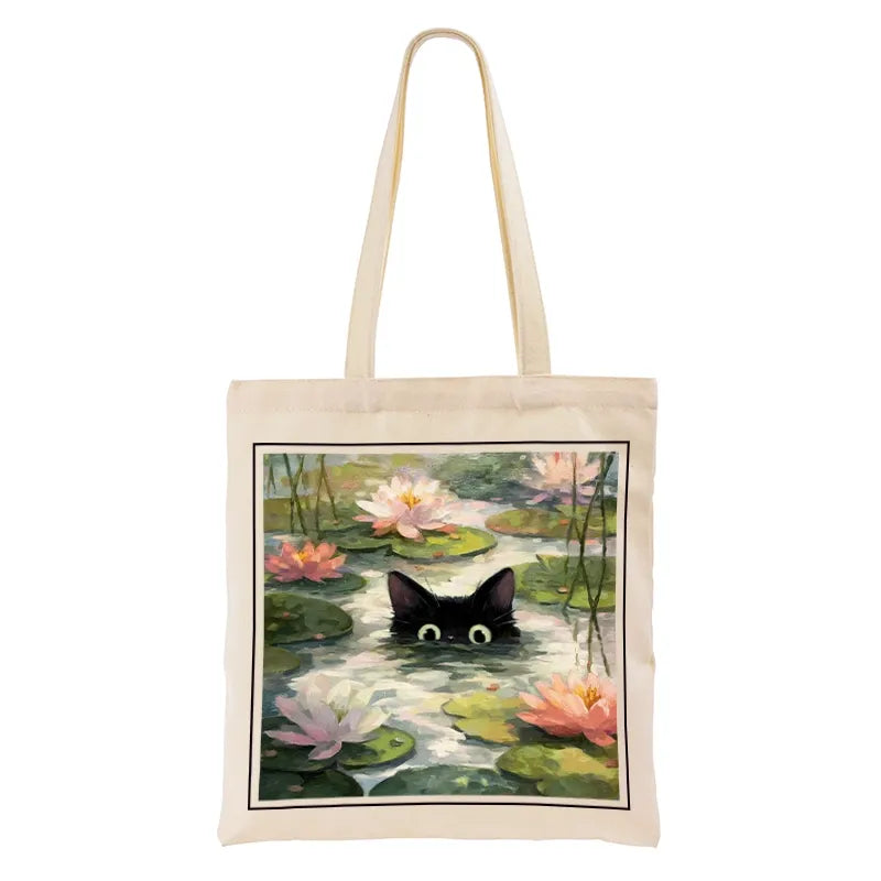 Kyoto-Lion Black Cat and Lotus Flower Tote Bag