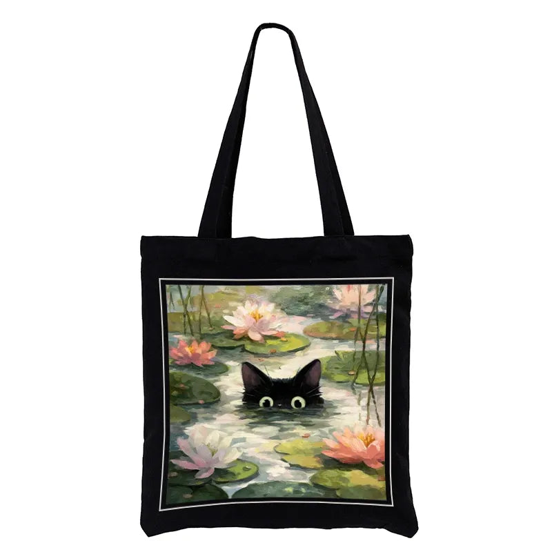 Kyoto-Lion Black Cat and Lotus Flower Tote Bag