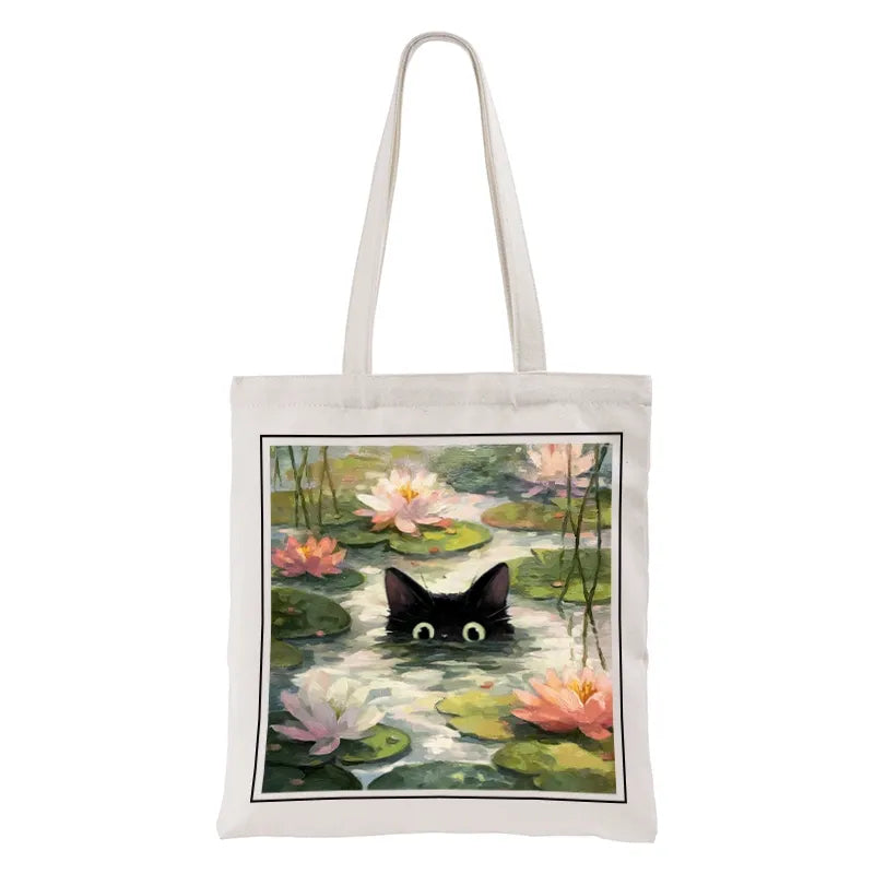 Kyoto-Lion Black Cat and Lotus Flower Tote Bag