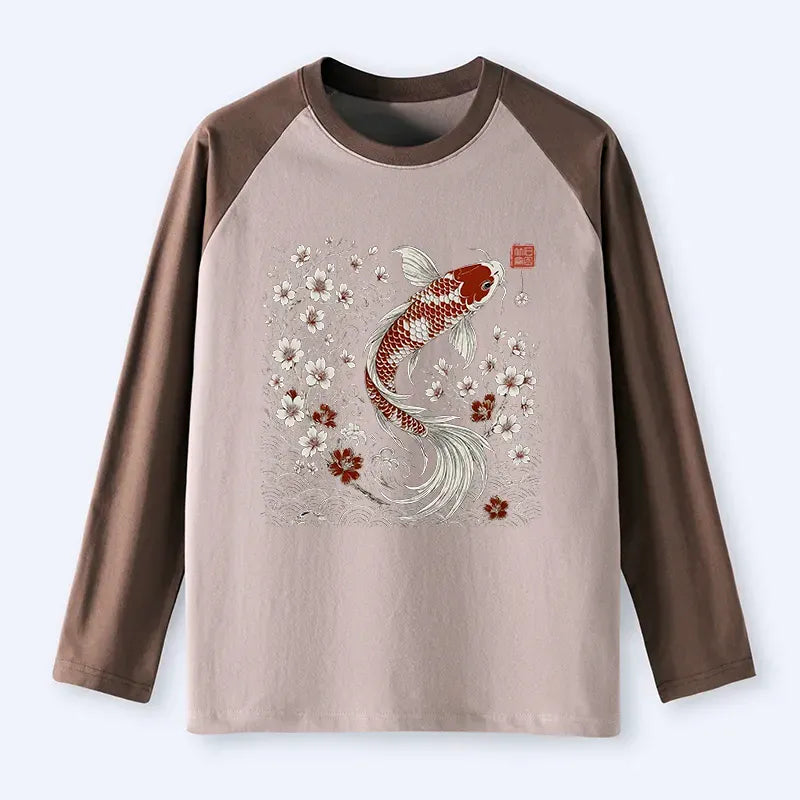Kyoto-Lion Vintage Sakura And Koi Raglan Long Sleeve T-shirt