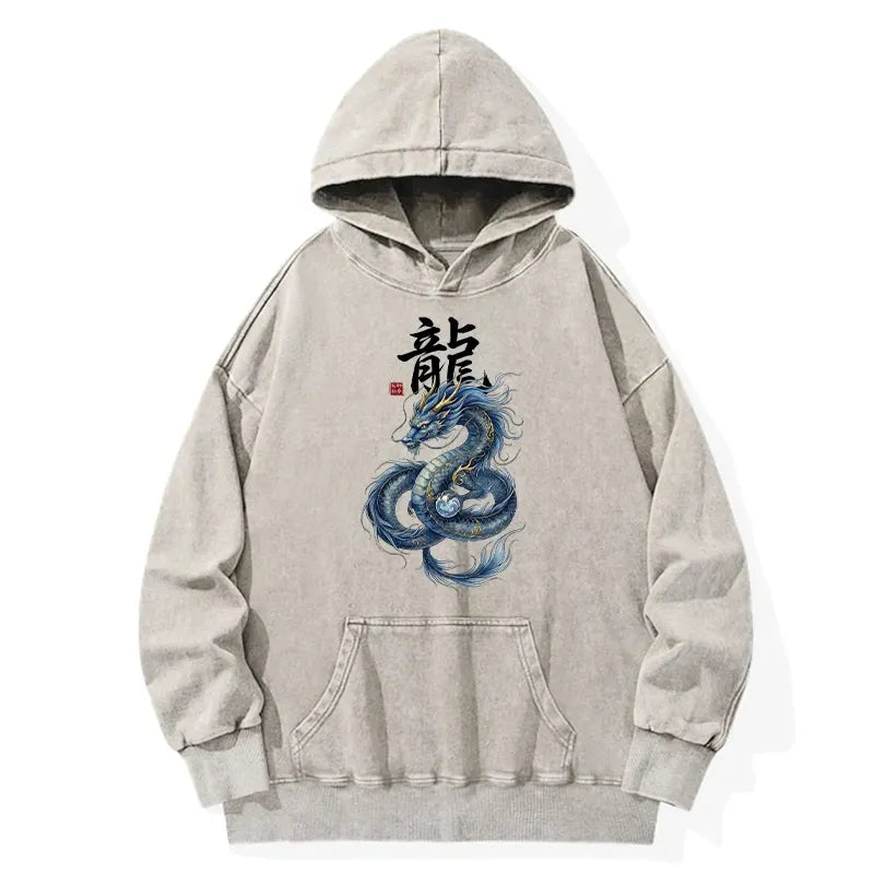 Washed Blue Dragon Hoodie for Daily Wear