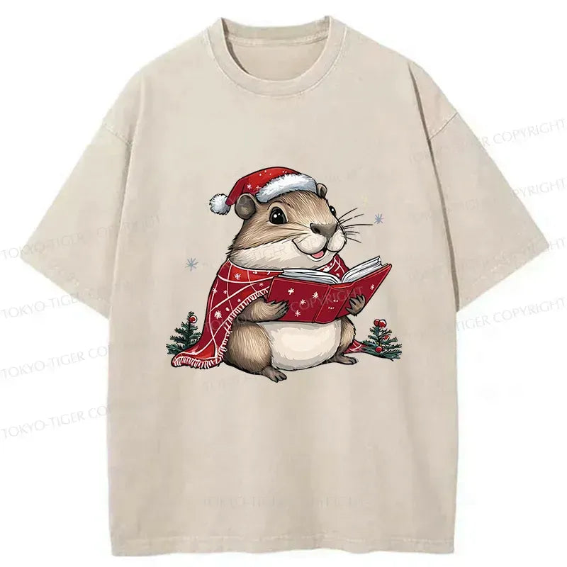 Christmas Hamster Washed T-Shirt for Summer
