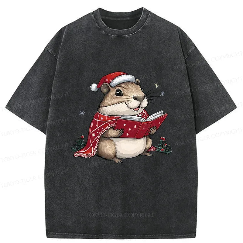Christmas Hamster Washed T-Shirt for Summer