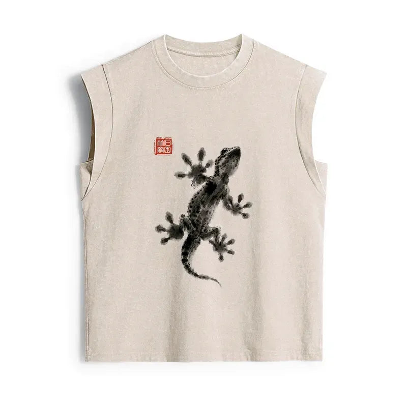 Kyoto-Lion Minimal Asian Ink Brush Gecko Vibe Women's Washed Tank Tops