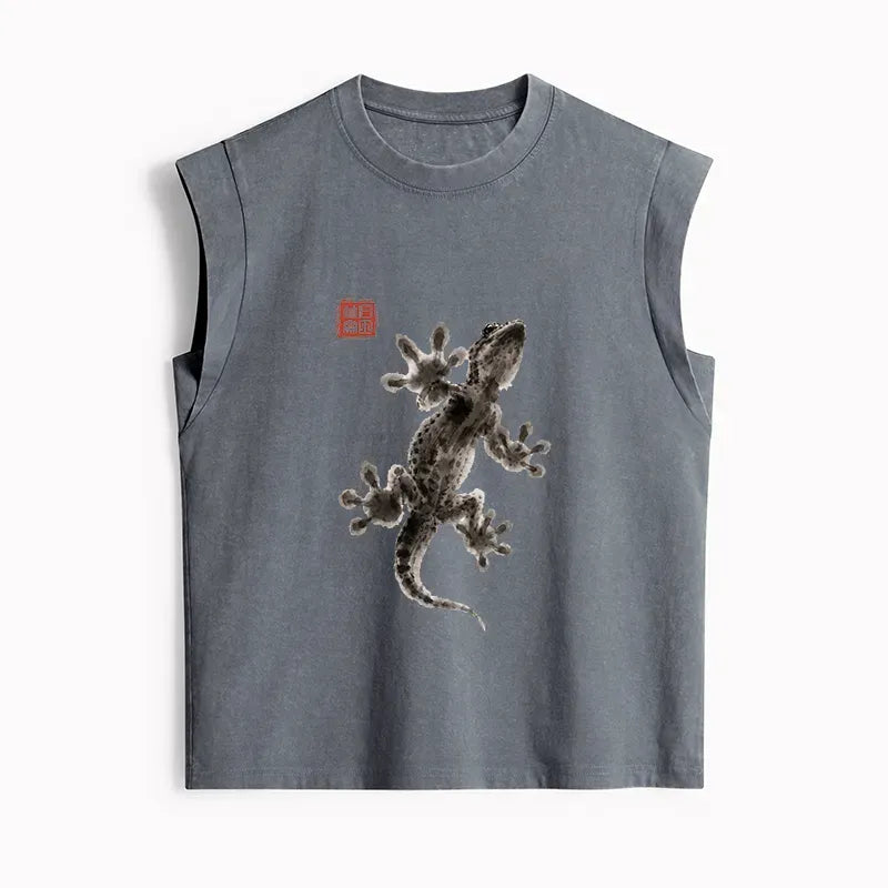 Kyoto-Lion Minimal Asian Ink Brush Gecko Vibe Women's Washed Tank Tops