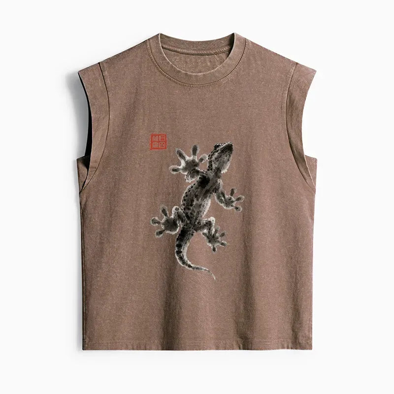 Kyoto-Lion Minimal Asian Ink Brush Gecko Vibe Women's Washed Tank Tops