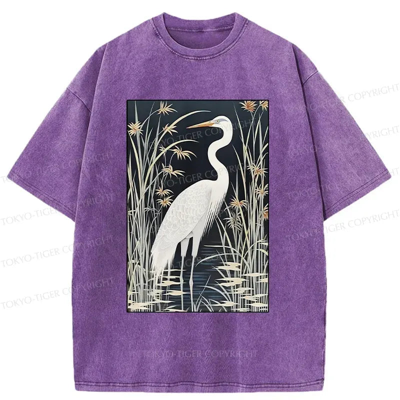 japanese cranes washed t-shirt for daily wear
