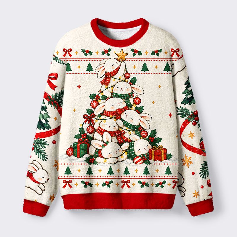 Kyoto-Lion Cute Rabbit Stack Fuzzy Christmas Ugly Sweatshirt