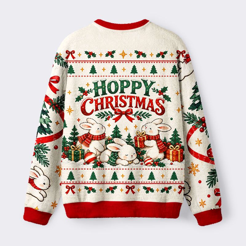 Kyoto-Lion Cute Rabbit Stack Fuzzy Christmas Ugly Sweatshirt