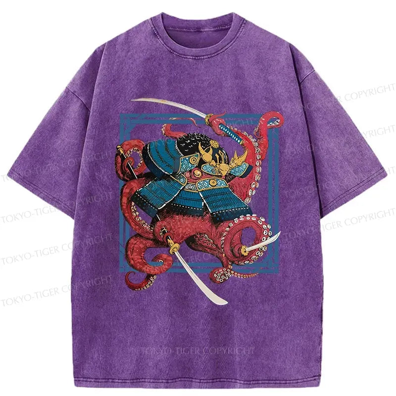Kyoto-Lion Samurai Octopus Swinging Sword Washed T-Shirt