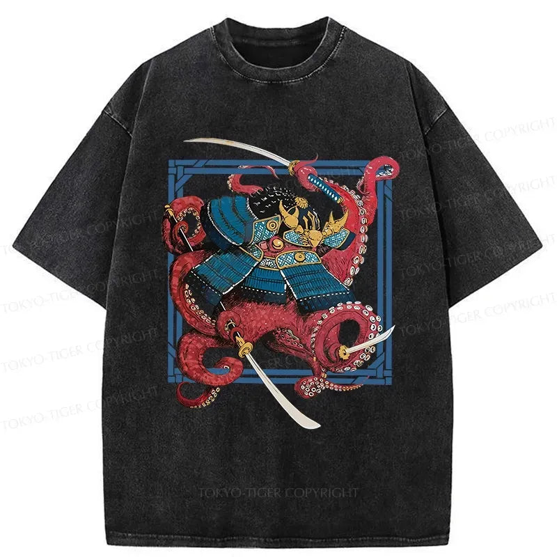 Japanese Samurai Octopus Washed T-Shirt
