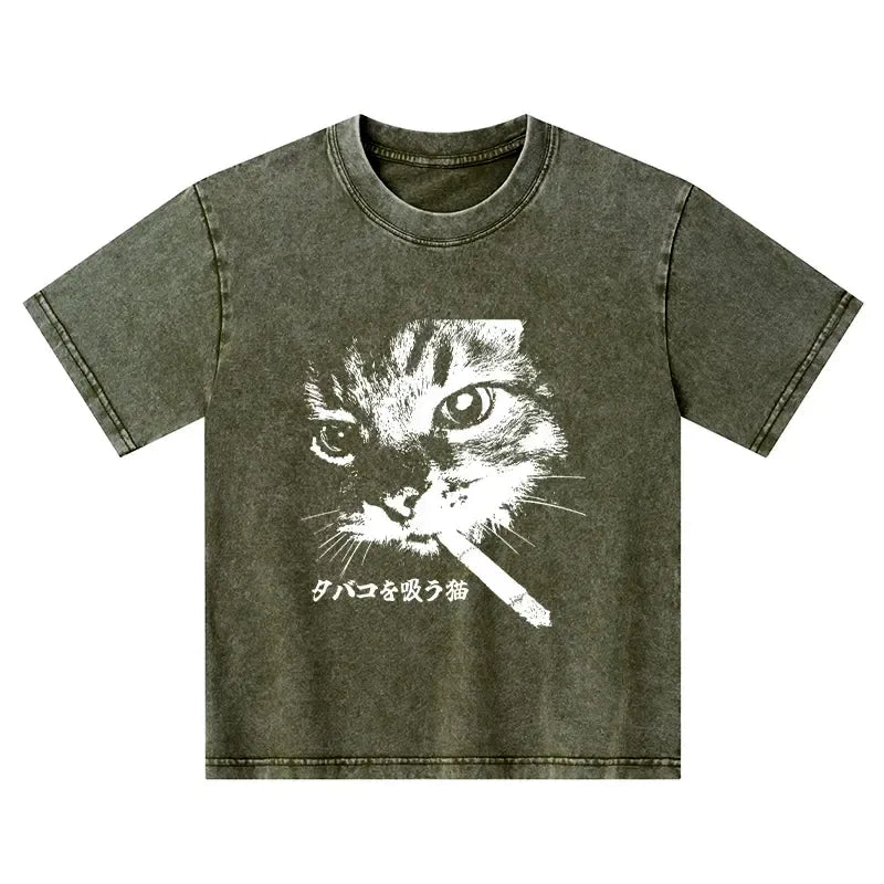 Trendy Washed Cat T-Shirt for Daily Wear