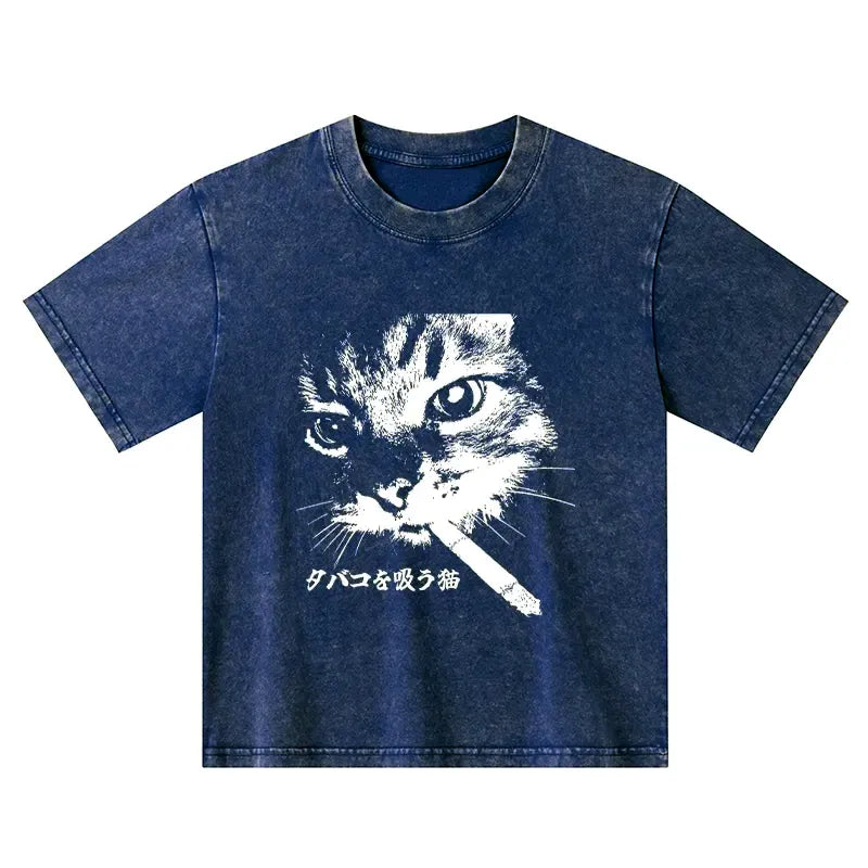 Kyoto-Lion Retro Cat Smoking Kids Washed T-Shirt